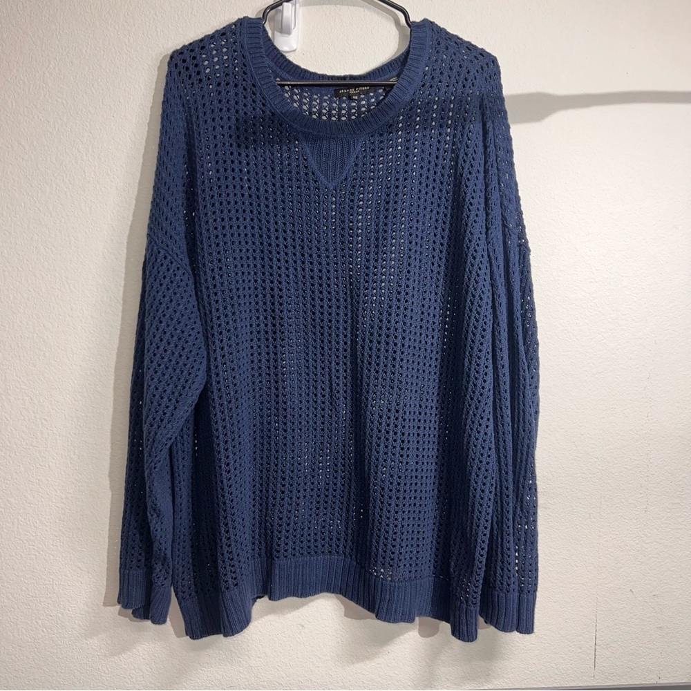 Jeanne Pierre Sweater Womens 2X Blue Waffle Knit Pullover Sheer 100% Cotton